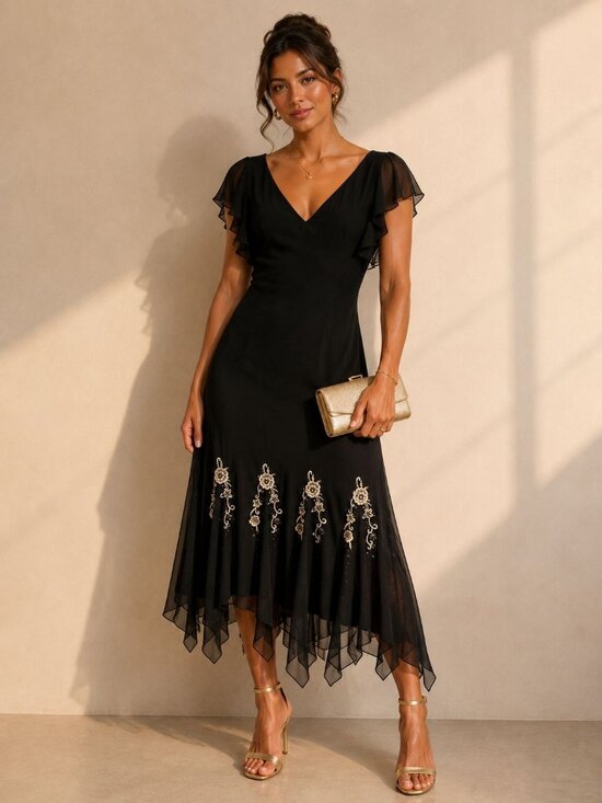 dressbarn Dresses & Skirts - Vintage Y2K Midi Dress Black Tan Beaded Floral Whimsy Goth Fairy Asymmetrical